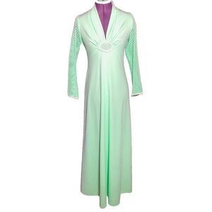 Vintage 1970s Maxi Dress Mint Green Crochet Sleeves Empire Waist Mod Gown Small